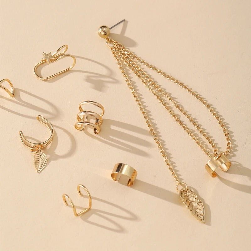7Pcs Ear Cuff Fake Lip Helix Cartilage Clip on Wrap Earrings Kit Non Piercing Tassel Drop Earrings Jewelry Set for Women