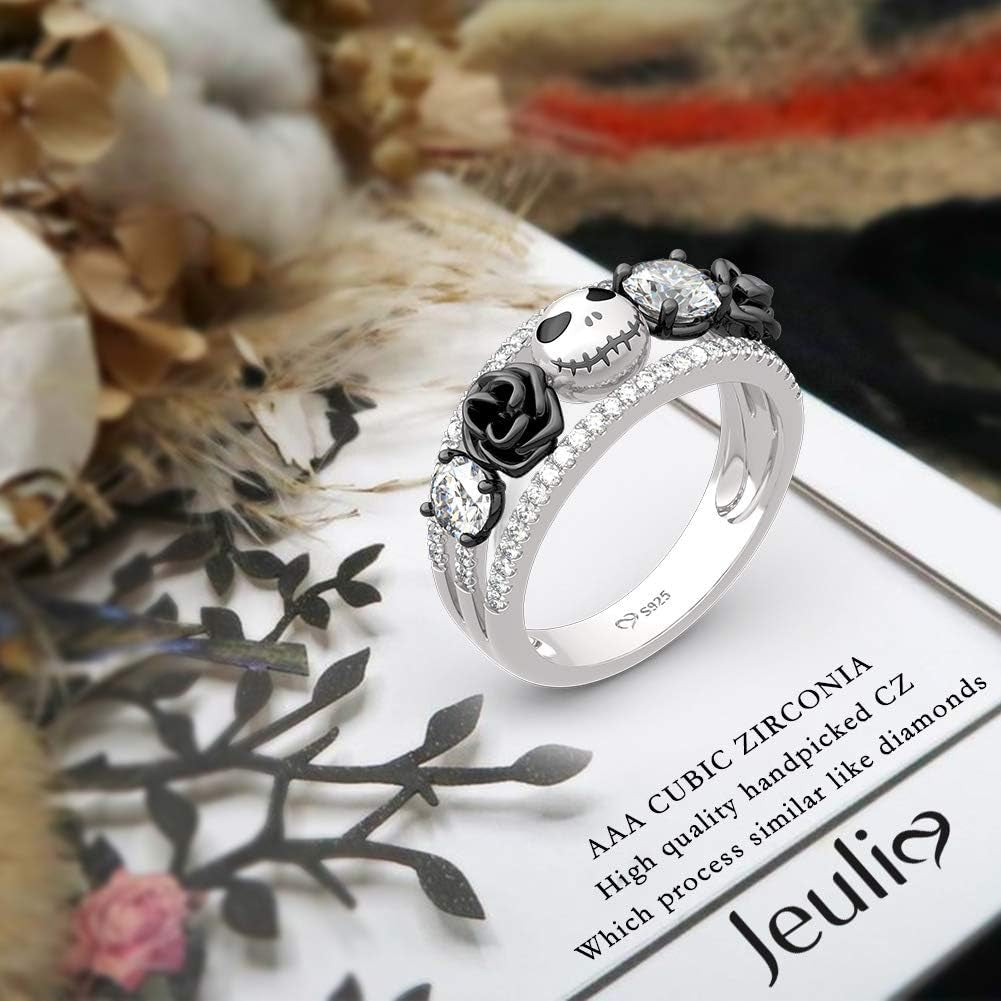 1.76 Ct Skull Wedding Band 925 Sterling Silver Diamond Eternity Rings Rose Flower Engagement Rings Anniversary Promise Romantic Jewelry Gift