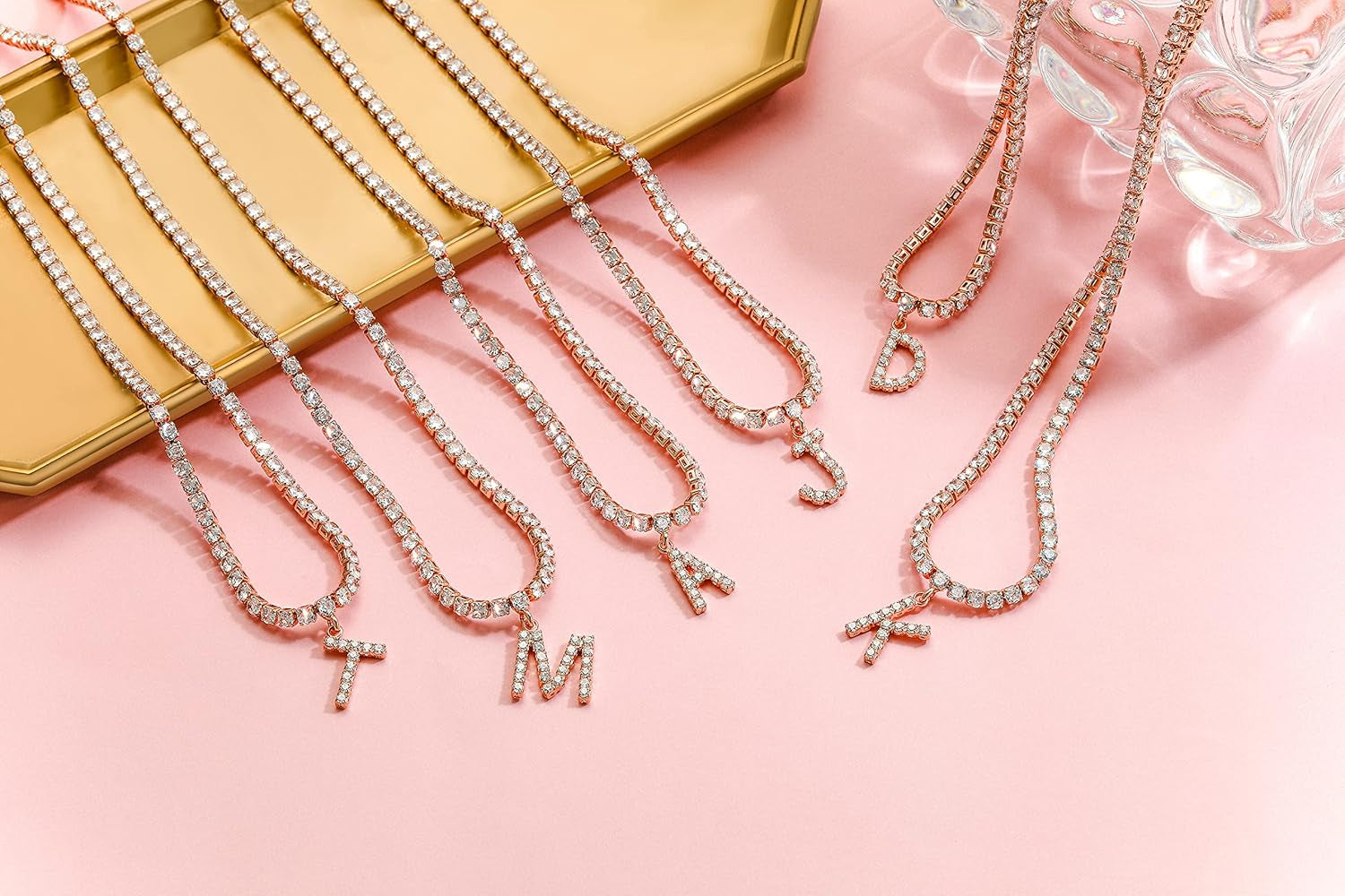 Letter Necklace 14K Gold Plated Tennis Chain Initial Choker Bling Iced CZ Diamond Necklace for Women