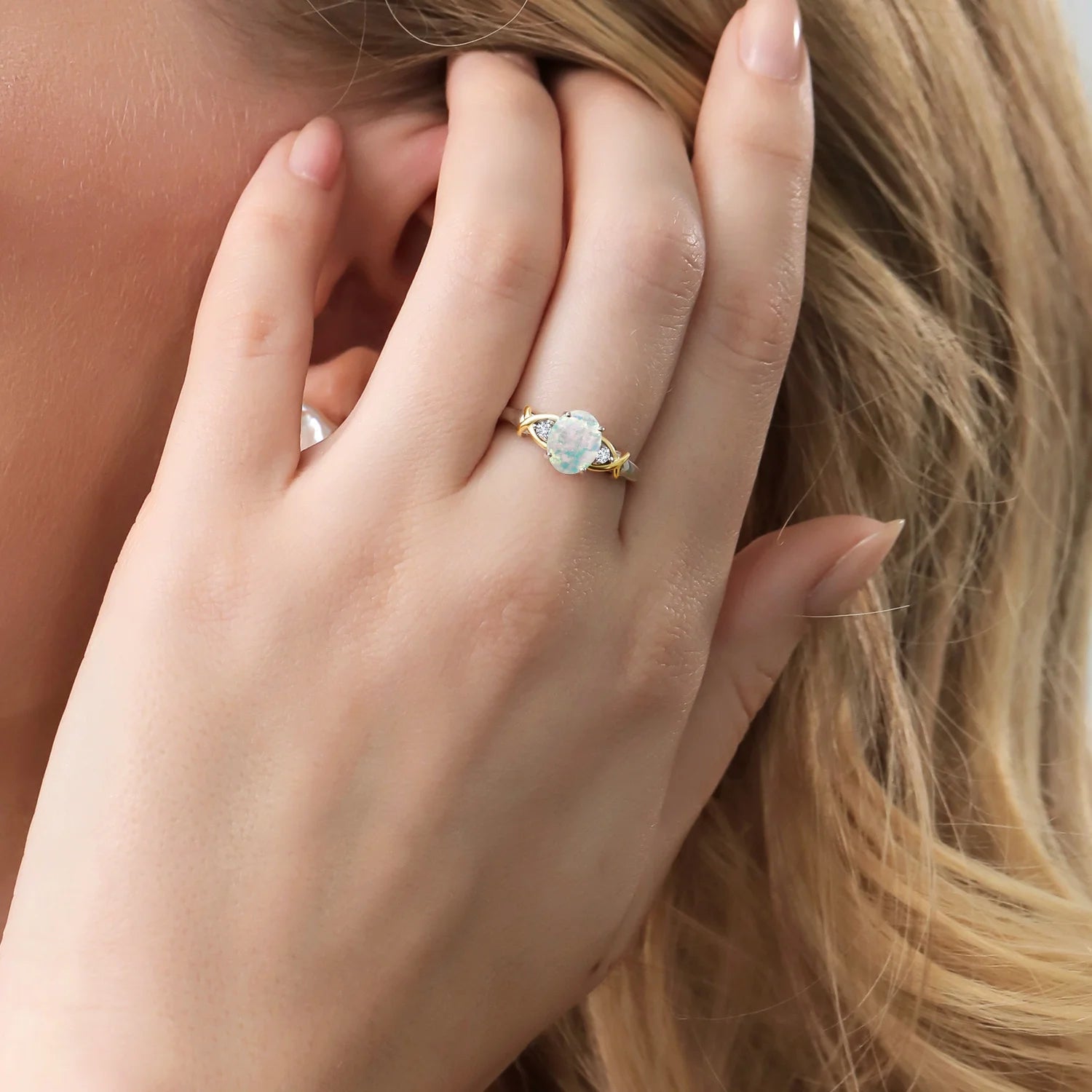 2 Tone 10K Yellow Gold and 925 Sterling Silver Oval Cabochon White Simulated Opal and Lab Grown Diamond Women Ring (1.08 Cttw, Available in Size 5,6,7,8,9)