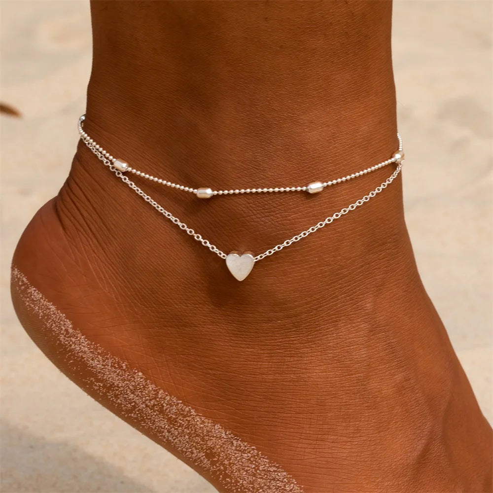 Women'S Anklet Bohemian Layered Heart Anklet Summer Beach Anklets on Foot Ankle Bracelets for Women Leg Chain