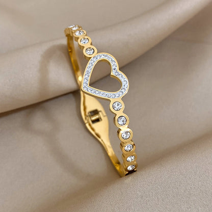 Love Matching Bracelet Femme Luxe Rhinestone Heart Stainless Steel Bangle 18K Gold Plated Couple Charm Bracelets Jewelry Gift