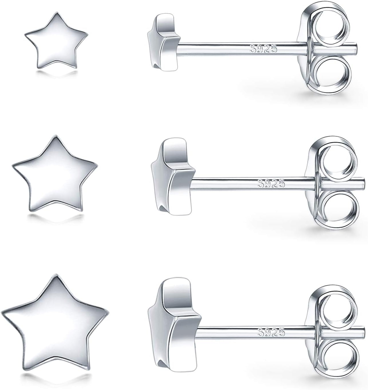 3 Pairs 925 Sterling Silver Star Stud Earrings for Women,Tiny Simple Geometric Stud Earrings Set Small Hypoallergenic Cartilage Tragus Ear Jewellery for Men (3/4/5Mm)