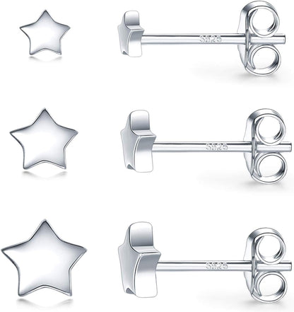 3 Pairs 925 Sterling Silver Star Stud Earrings for Women,Tiny Simple Geometric Stud Earrings Set Small Hypoallergenic Cartilage Tragus Ear Jewellery for Men (3/4/5Mm)