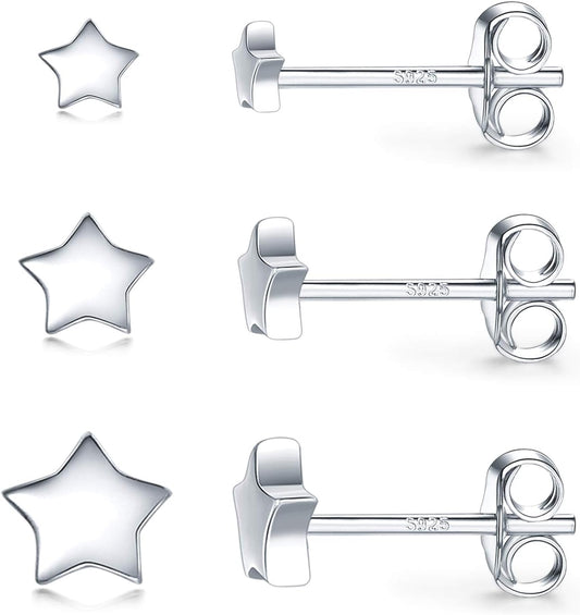 3 Pairs 925 Sterling Silver Star Stud Earrings for Women,Tiny Simple Geometric Stud Earrings Set Small Hypoallergenic Cartilage Tragus Ear Jewellery for Men (3/4/5Mm)