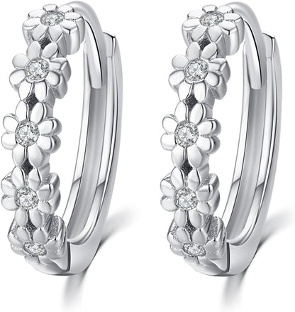 Daisy Hoop Earrings 925 Sterling Silver Lucky Flower Earrings Small Huggie Earrings Daisy Fashion Jewelry Gifts for Women
