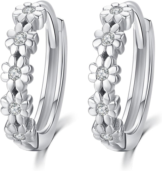 Daisy Hoop Earrings 925 Sterling Silver Lucky Flower Earrings Small Huggie Earrings Daisy Fashion Jewelry Gifts for Women