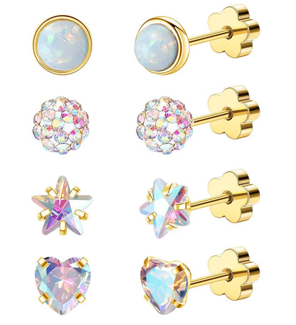 4Pairs Hypoallergenic Flat Back Earrings for Women 14K Gold Cartilage Earring Fo