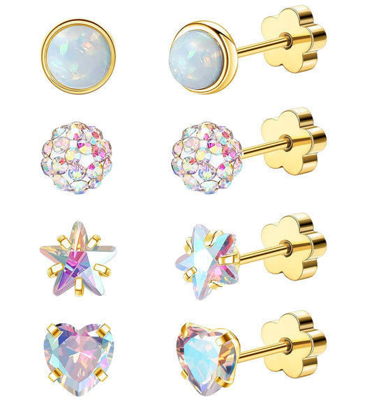 4Pairs Hypoallergenic Flat Back Earrings for Women 14K Gold Cartilage Earring Fo