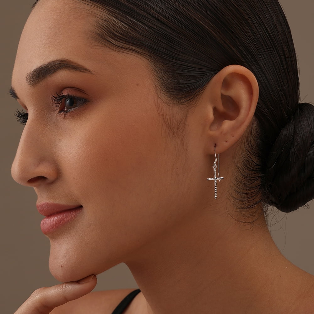 925 Sterling Silver Fishhook Cross Drop Dangle Earrings Jewelry Gifts for Women and Teen 35MM