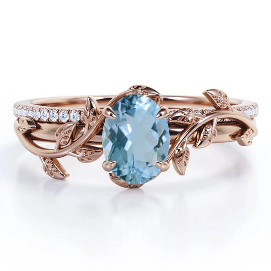 Prong Setting 1.5 Carat Ovate Brazilian Created Aquamarine and Moissanite Leaf Design Wedding Ring Set in 18K Rose Gold Plating over Silver