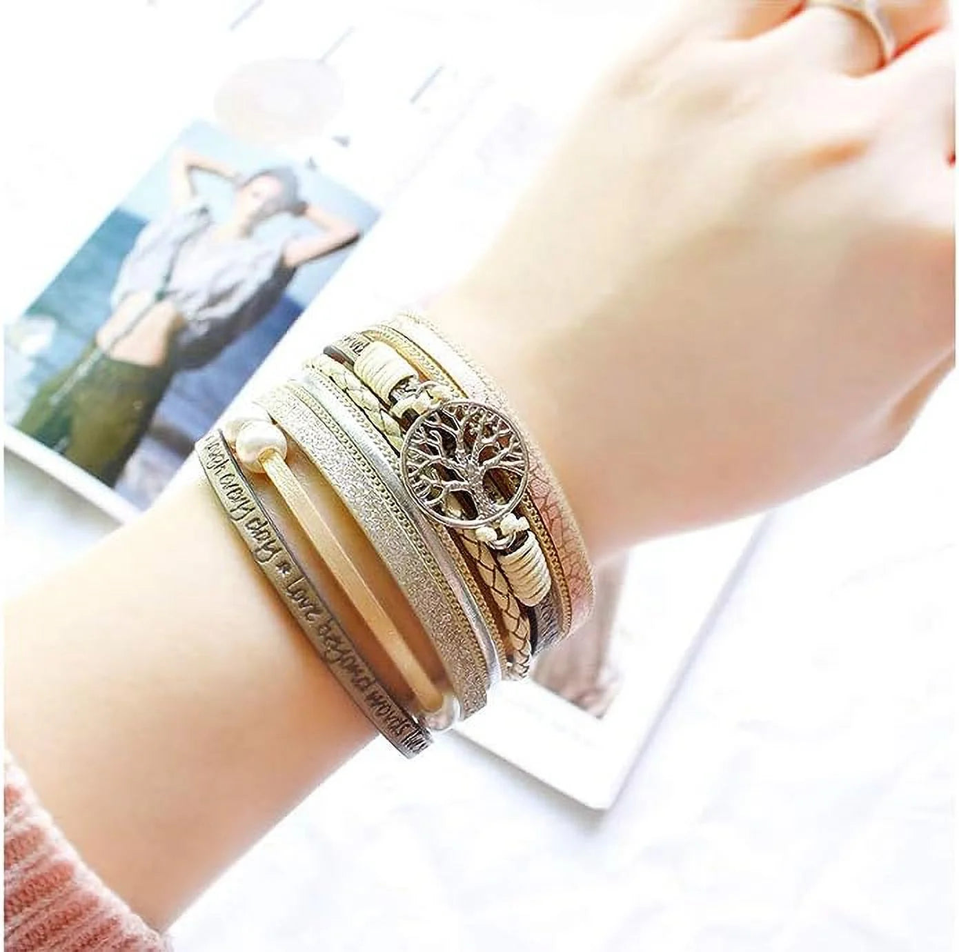 Tree of Life Leather Bracelets for Women.Colorful Multi-Layer Wrapped Wristband Bracelets for Women,Birthday Easter Basket Stuffers Jewelry Gifts for Teens Girls (Beige)
