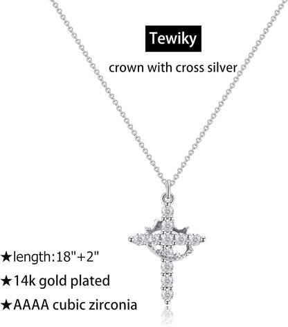 Crown Cross Necklace - Dainty Sterling Silver/14K Gold Cubic Zirconia Pendant