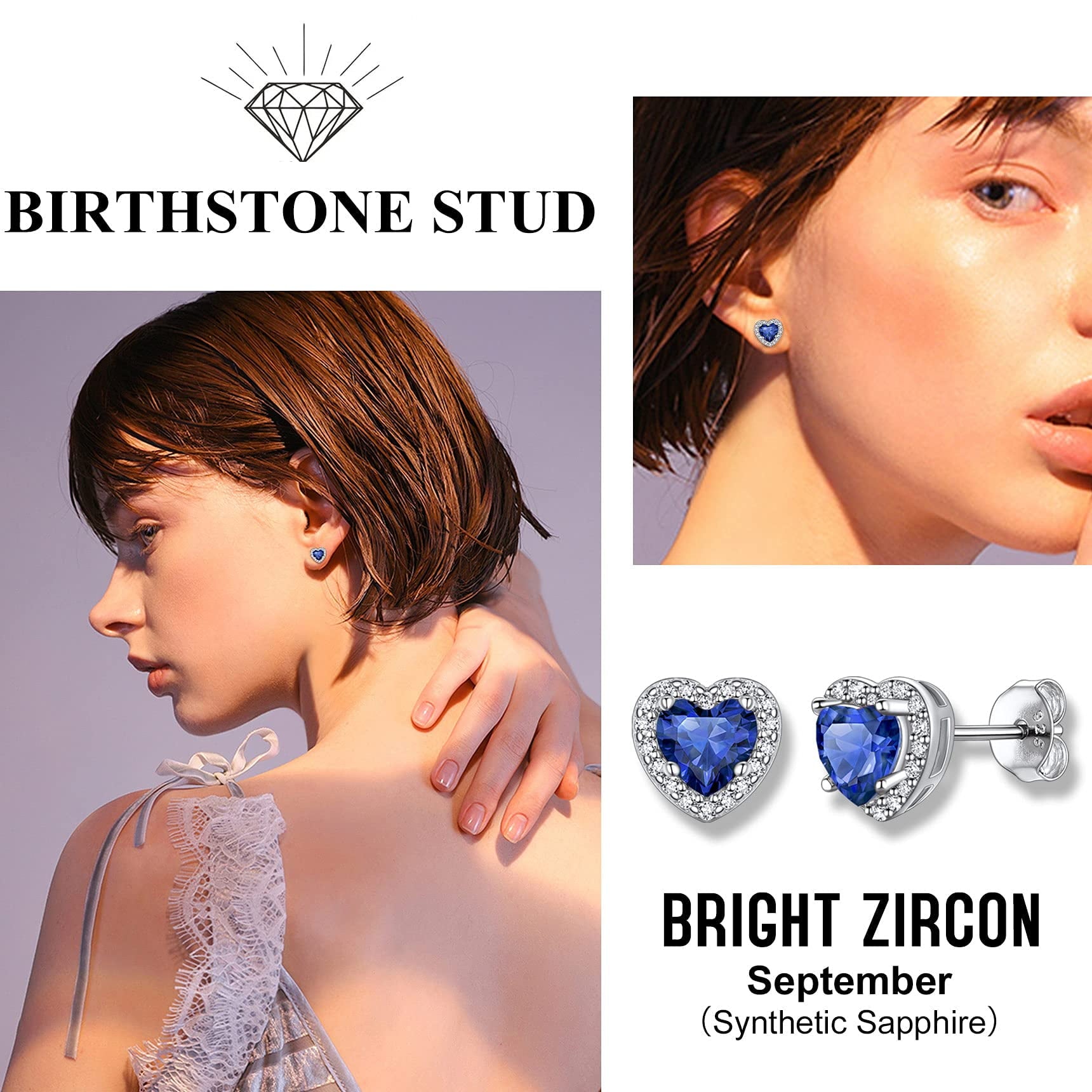 Birthstone Stud Earrings for Women, 925 Sterling Silver Heart Created Diamond Studs Earrings Christmas/Birthday Gifts - September
