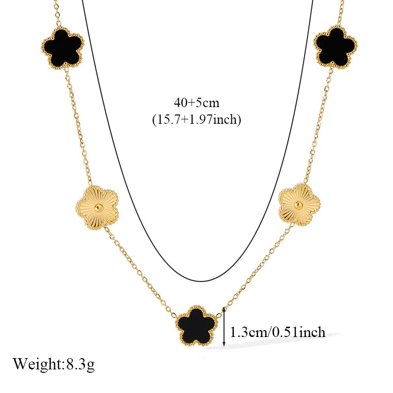 316L Stainless Steel Black Reversible Leaf Clover Necklace Bracelets Earrings Set for Women Fashion Waterproof Jewelry