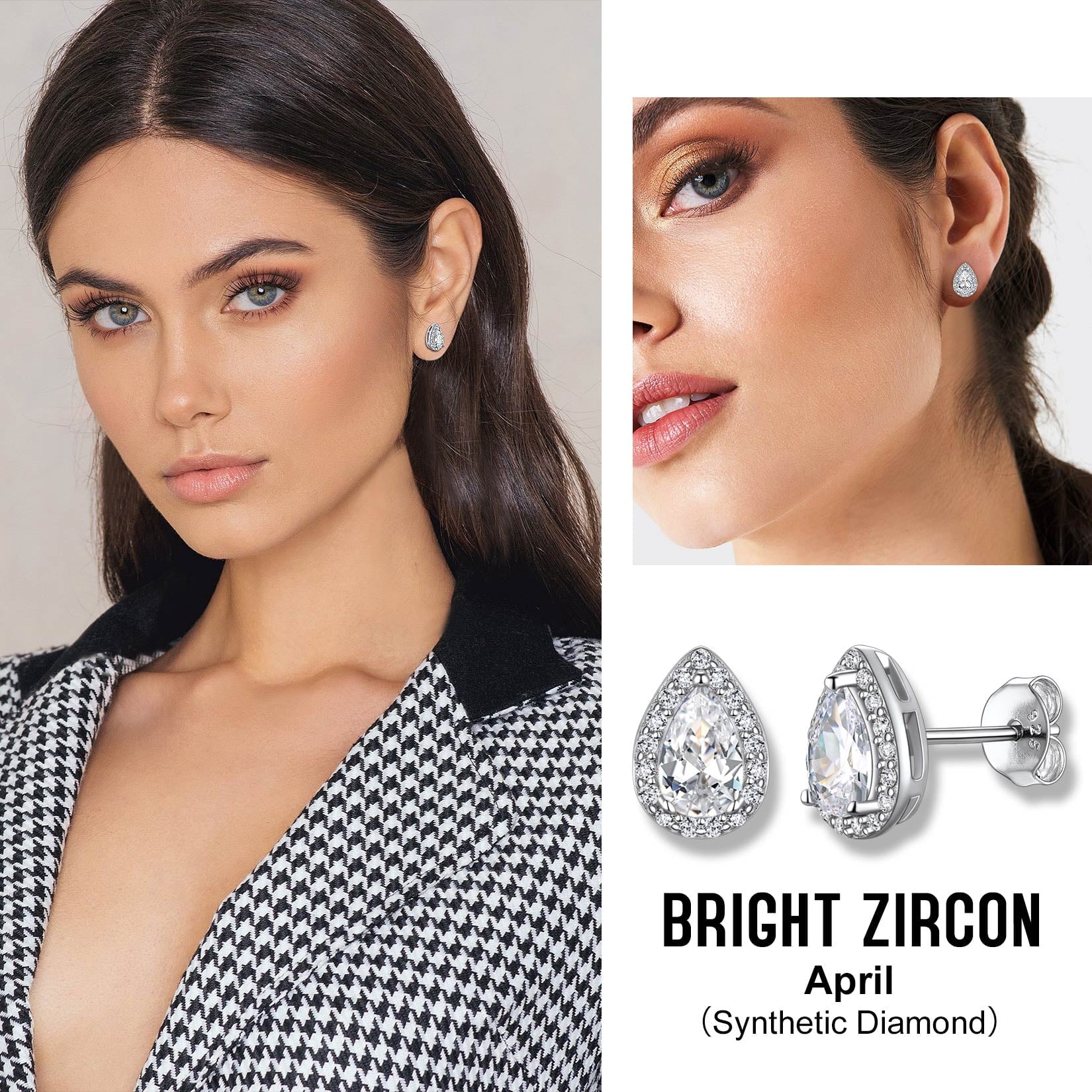 925 Sterling Silver Birthstone Stud Earrings for Women, Sparking April Teardrop Cut Diamond Earrings for Sensitive Ears