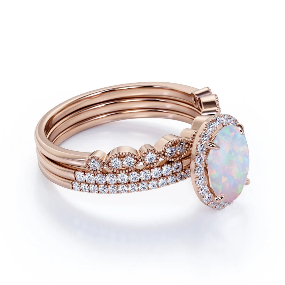 Antique 2 Ct Oval Blue Opal and Moissanite Trio Engagement Ring Set in 18K Rose Gold over Silver