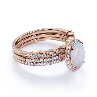 Antique 2 Ct Oval Blue Opal and Moissanite Trio Engagement Ring Set in 18K Rose Gold over Silver