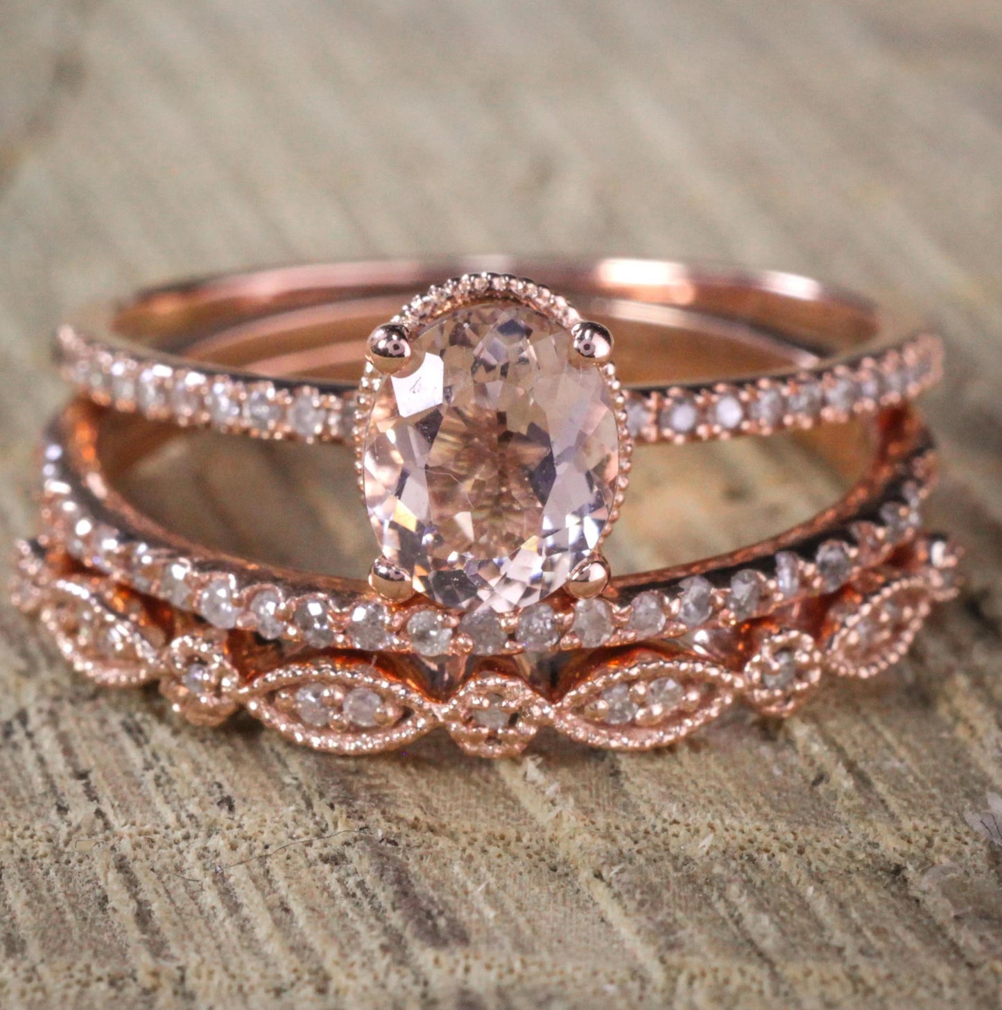 Sale 2 Carat Antique Milgrain Oval Shape Morganite & Diamond Trio Ring Set in 10K Rose Gold with One Halo Engagement Ring 2 Wedding Bands