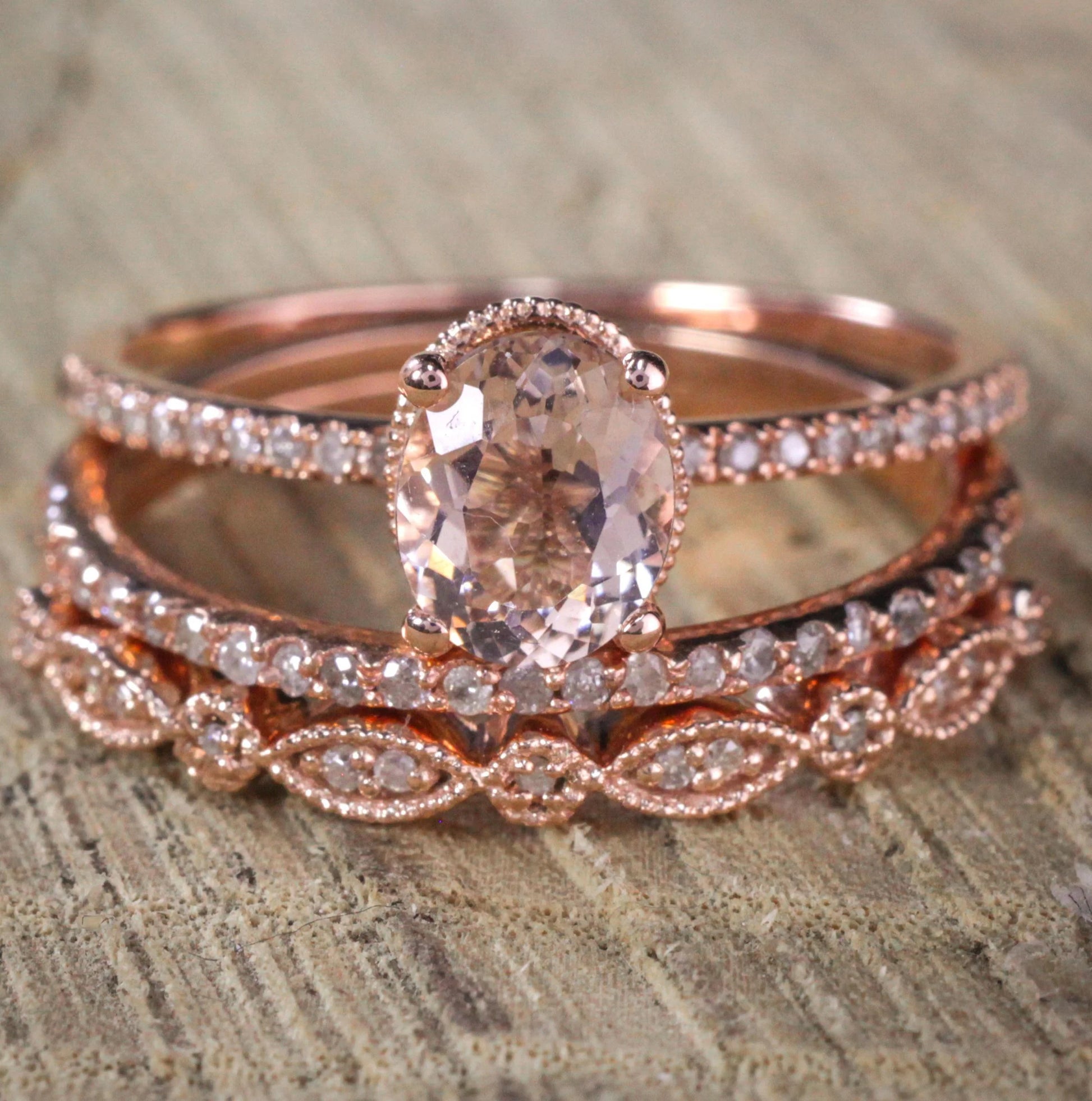 Sale 2 Carat Antique Milgrain Oval Shape Morganite & Diamond Trio Ring Set in 10K Rose Gold with One Halo Engagement Ring 2 Wedding Bands