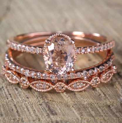Sale 2 Carat Antique Milgrain Oval Shape Morganite & Diamond Trio Ring Set in 10K Rose Gold with One Halo Engagement Ring 2 Wedding Bands
