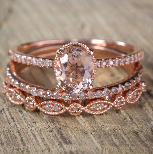 Sale 2 Carat Antique Milgrain Oval Shape Morganite & Diamond Trio Ring Set in 10K Rose Gold with One Halo Engagement Ring 2 Wedding Bands