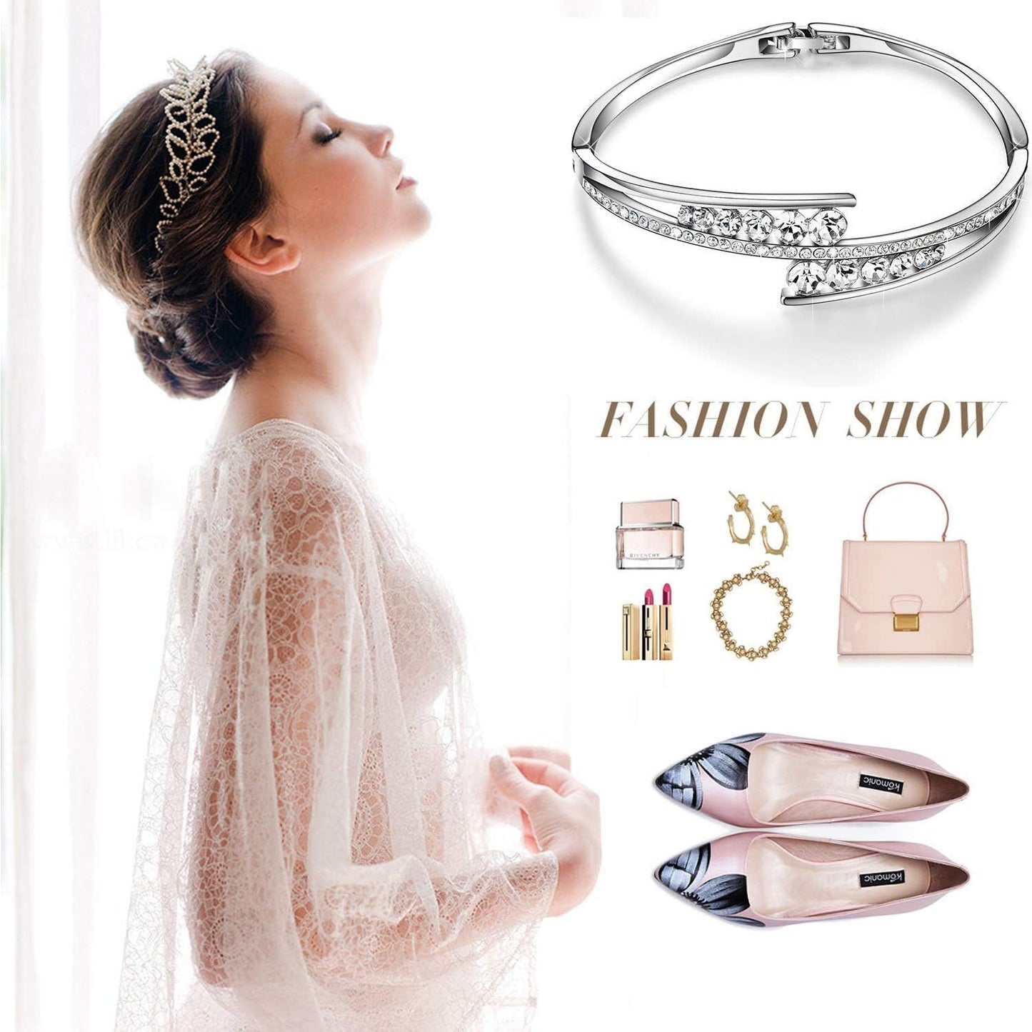 Love Encounter Crystals Bangle Bracelets for Women White Gold Plated Adjustable Hinged Jewelry