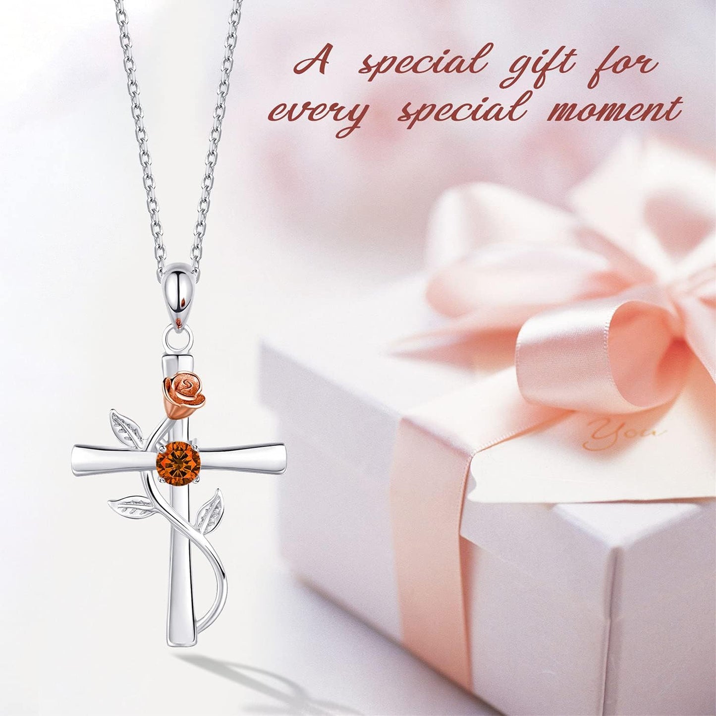 Cross Necklace for Women 925 Sterling Silver Birthstone Necklace for Womens Cross Pendant 5A Cubic Zirconia 12 Birth Months Birthday Gifts for Women Wife Her