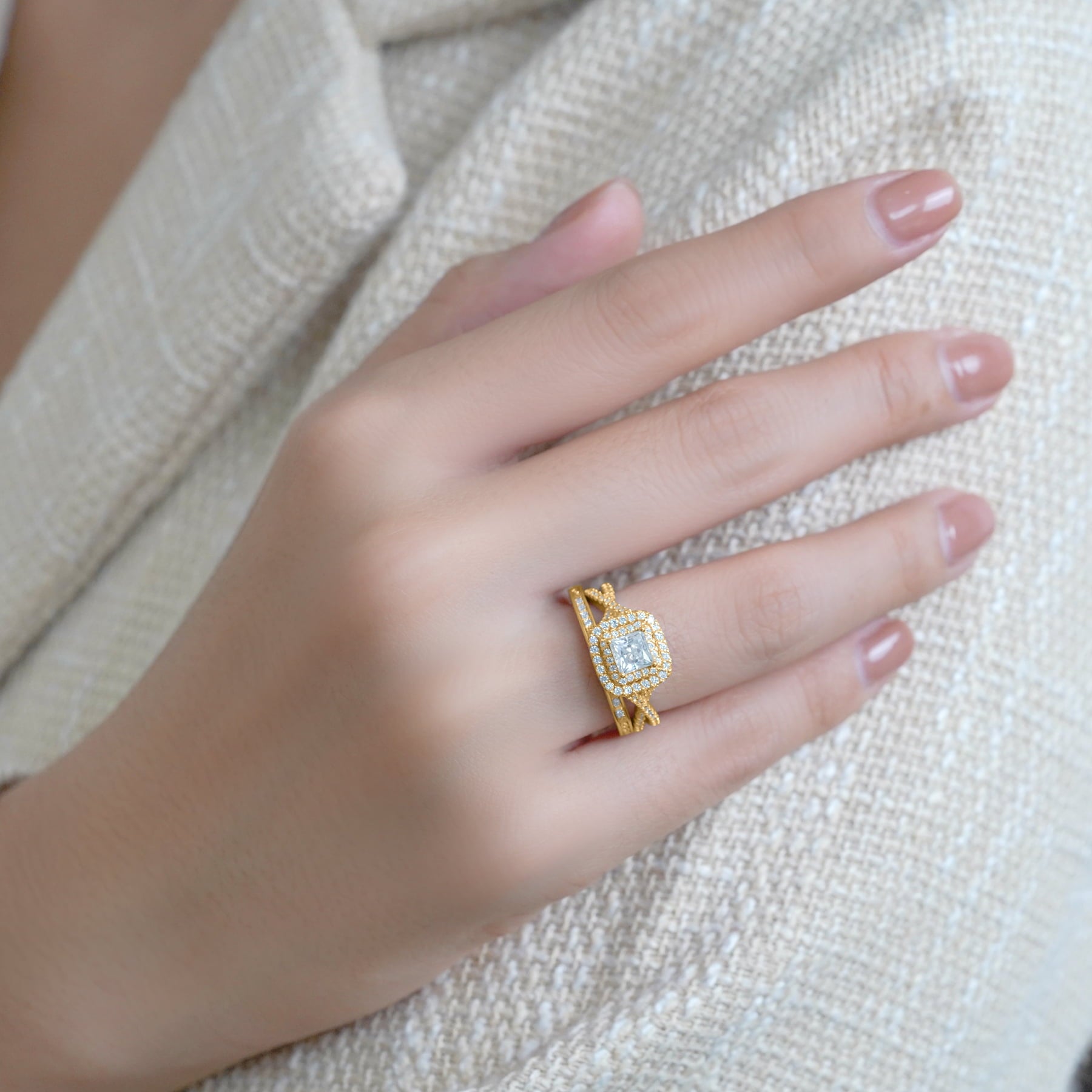 1.25 Ct - Square Moissanite - Double Halo - Twisted Band - Vintage Inspired - Pave - Wedding Ring Set in 18K Yellow Gold Plated for Women