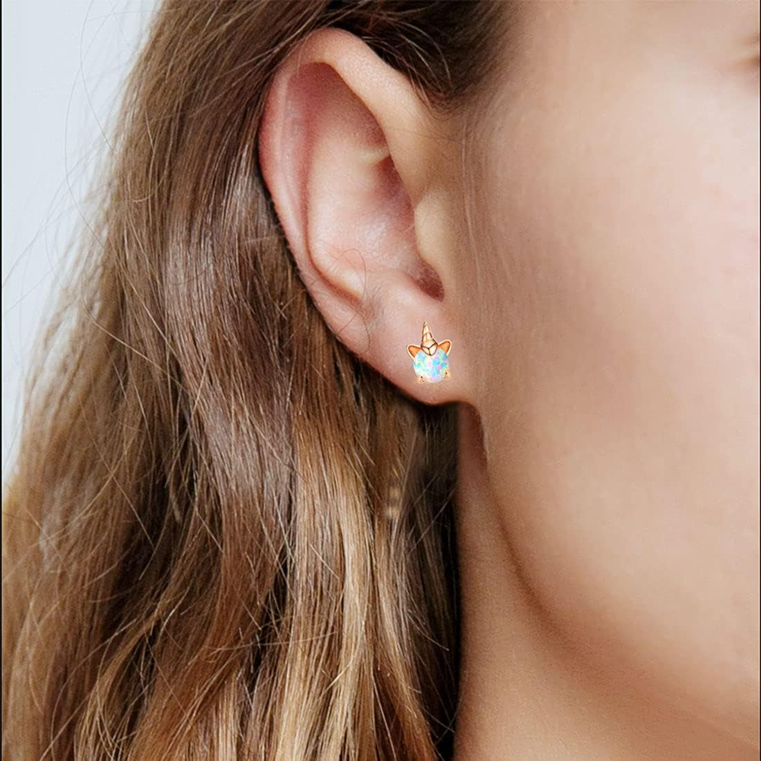 Unicorn Earrings for Girls, Hypoallergenic Fire Opal Stud Earrings  S925 Sterling Silver with Gold Mini Tiny Cute Earring Jewelry Gifts for Kids Women