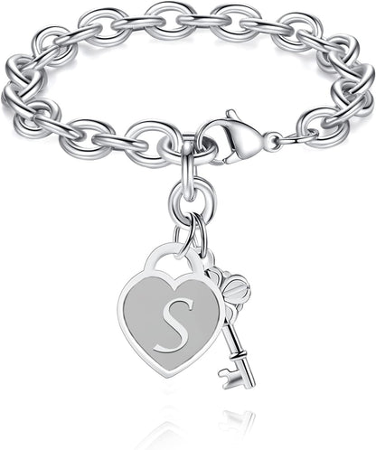 Initial Charm Bracelets for Girls Women Stainless Steel A-Z Bracelet Personalized Gifts Birthday Graduation Easter Stocking Stuffers for Teens Girls Jewelry (Various Design)
