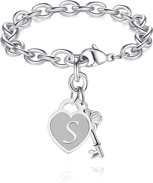 Initial Charm Bracelets for Girls Women Stainless Steel A-Z Bracelet Personalized Gifts Birthday Graduation Easter Stocking Stuffers for Teens Girls Jewelry (Various Design)