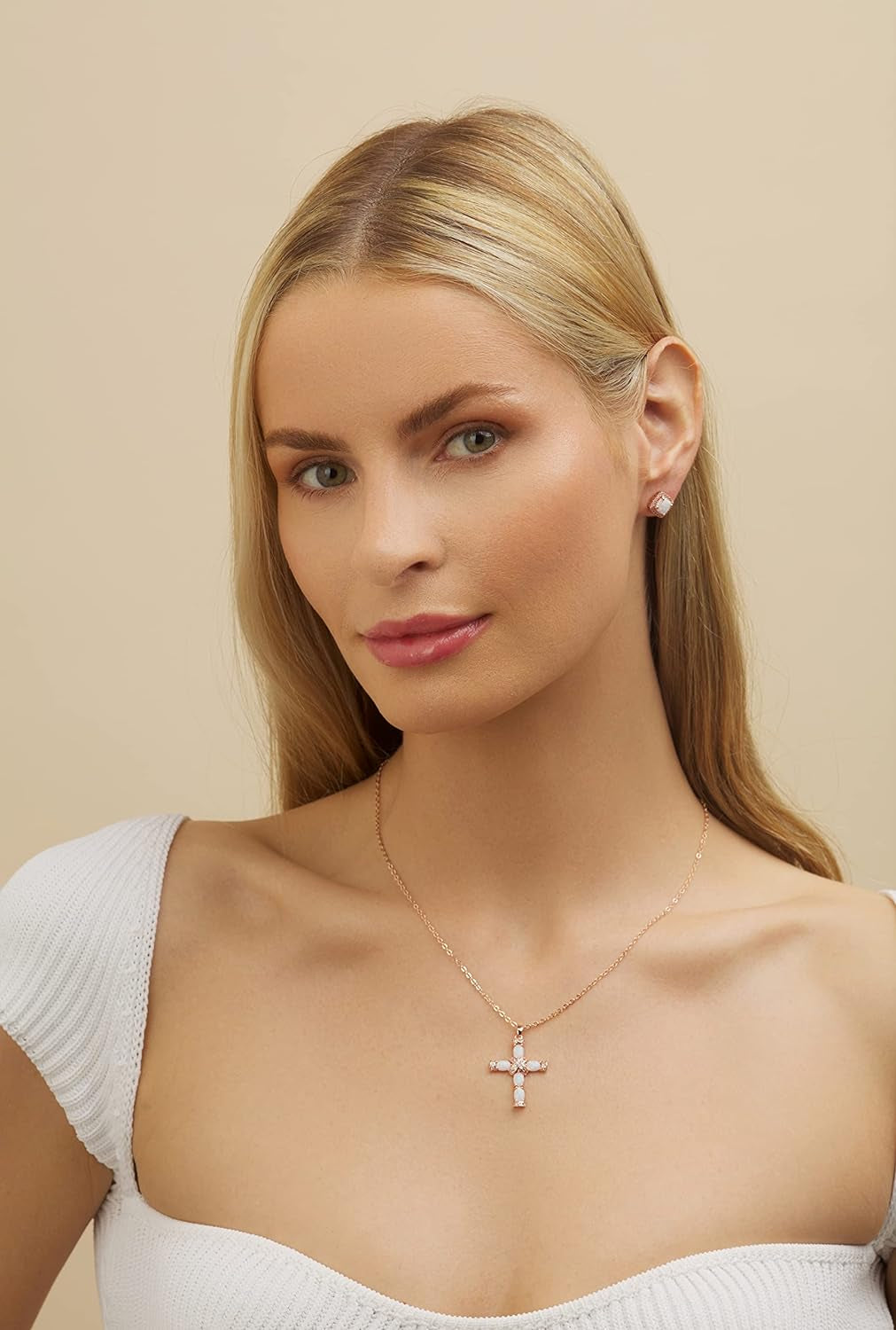 18K Gold Plated Created Opal Cross with Chain, 18 Inches with 2 Inches Extension