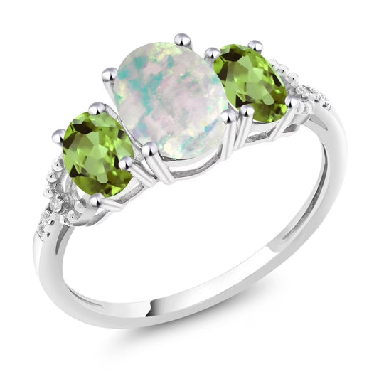 2.10 Cttw 10K White Gold Cabochon White Simulated Opal Green Peridot and Diamond Accent Three-Stone Engagement Ring for Women | Three Stone Wedding Anniversary Promise Ring
