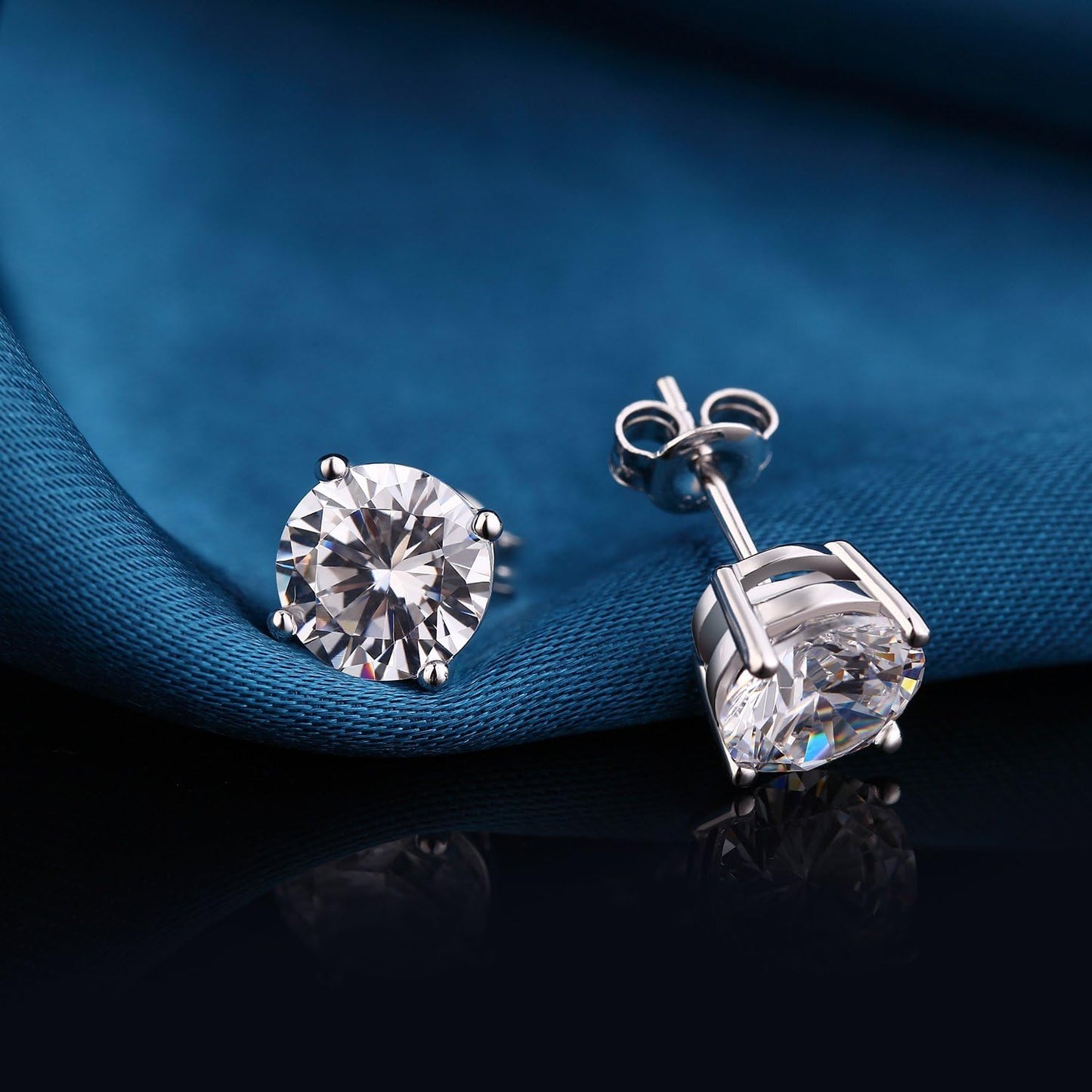 Men Stud Earrings, 18K White Gold Plated 4 Pong round CZ Earrings, 925 Sterling Silver Stud Earrings for Women/Men 3MM-8MM Available