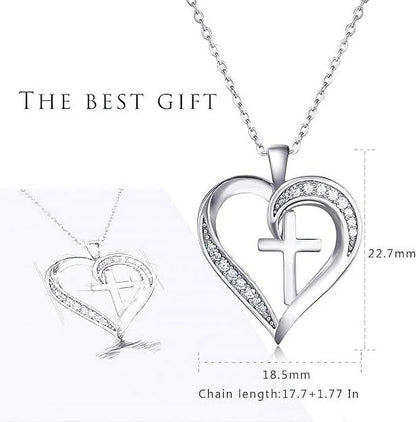 S925 Sterling Silver Cross Necklace Heart Necklaces for Women Cross Chain Jewelry Gifts （With Gift Box)