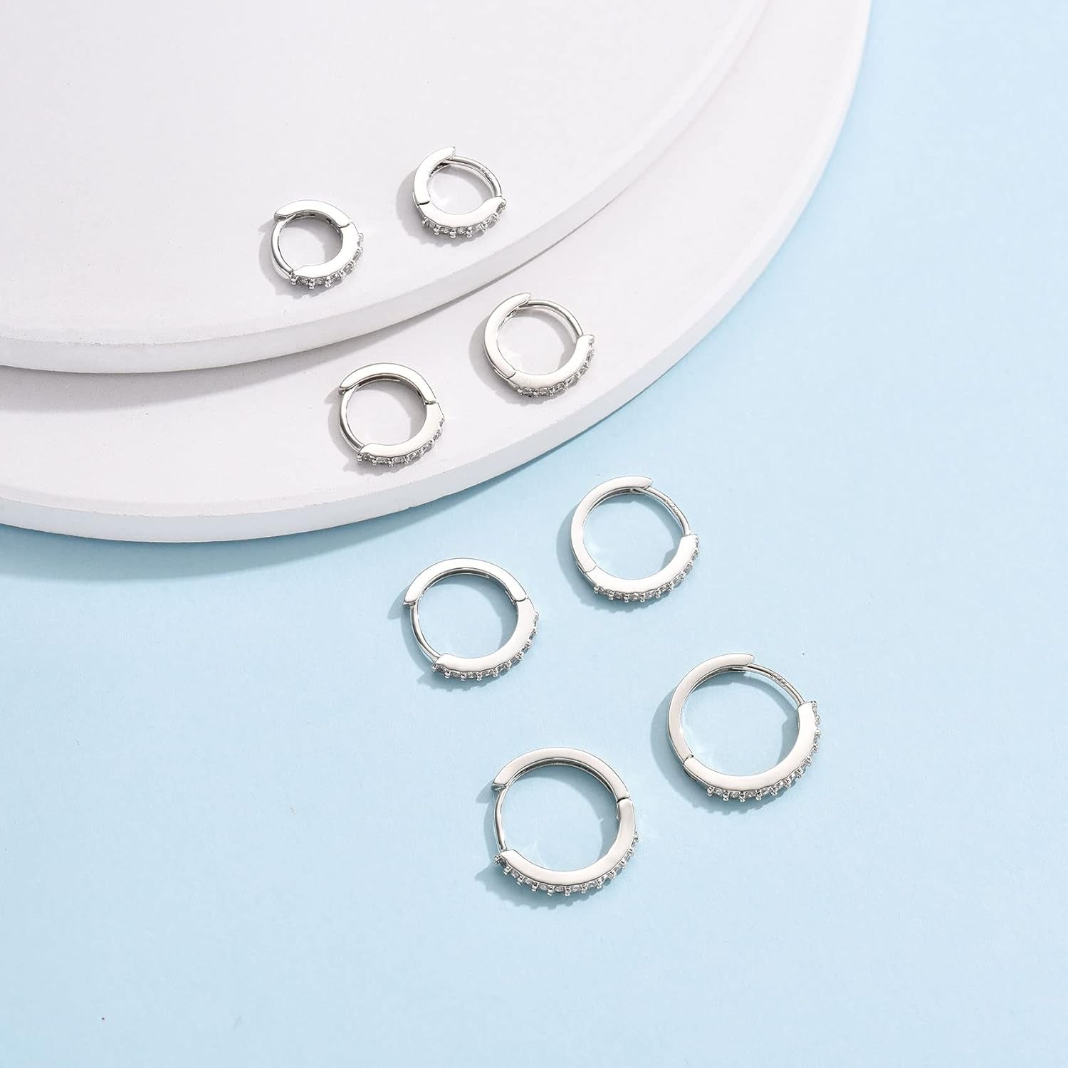 Silver Huggie Hoop Earrings for Women, 3 Pairs Tiny Hypoallergenic Sterling Silver Cartilage Hoops | 14K Gold Small Cubic Zirconia Cuff Earrings Mini Piercing Jewelry (6/8/10/12Mm)