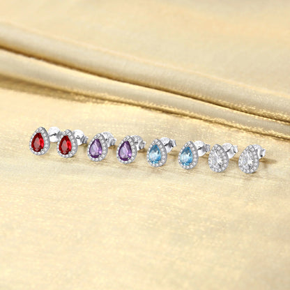 925 Sterling Silver Birthstone Stud Earrings for Women, Sparking February Teardrop Cut Diamond Earrings for Sensitive Ears