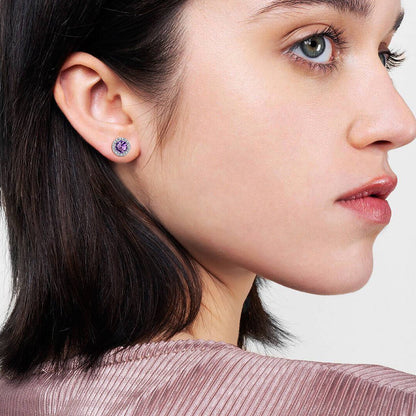 925 Sterling Silver Birthstone Stud Earrings round Synthetic Amethyst Diamond Studs Earrings Women Gift February