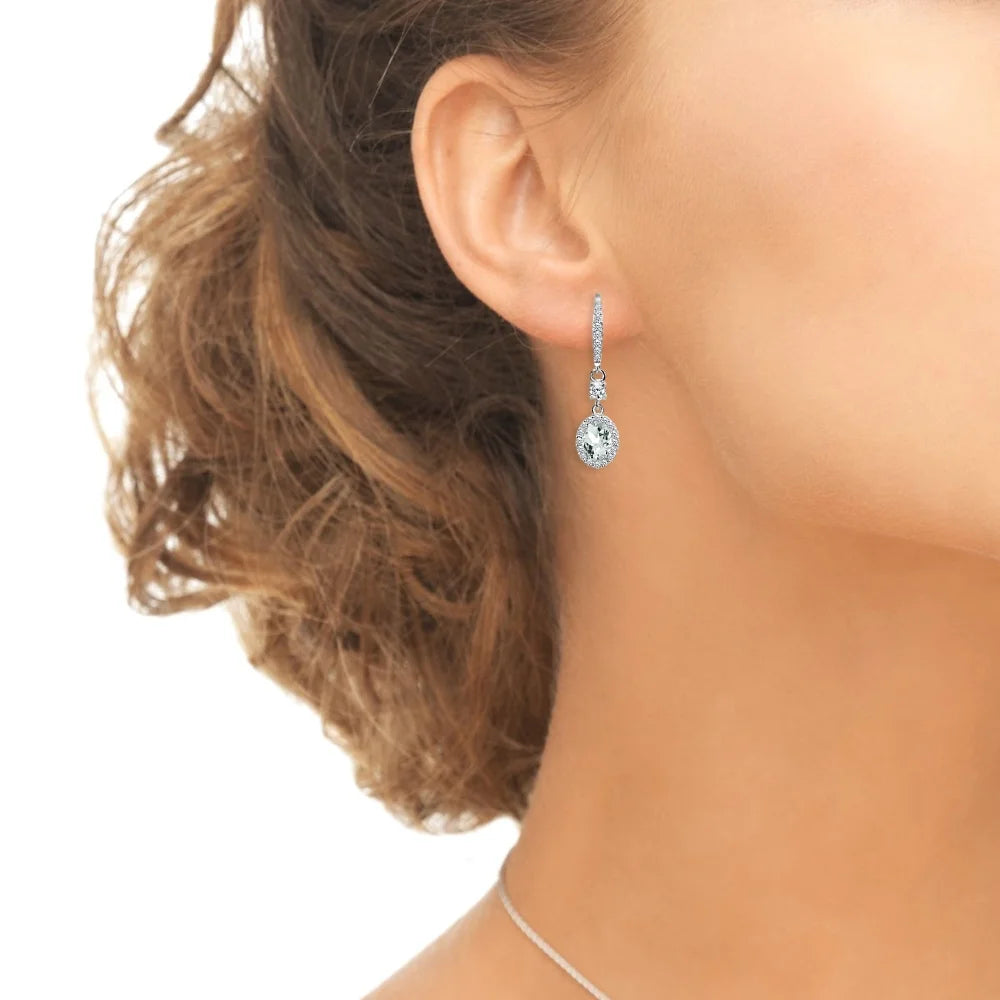 Light Aquamarine & CZ 7X5Mm Oval Halo Dangle Earrings in 925 Sterling Silver