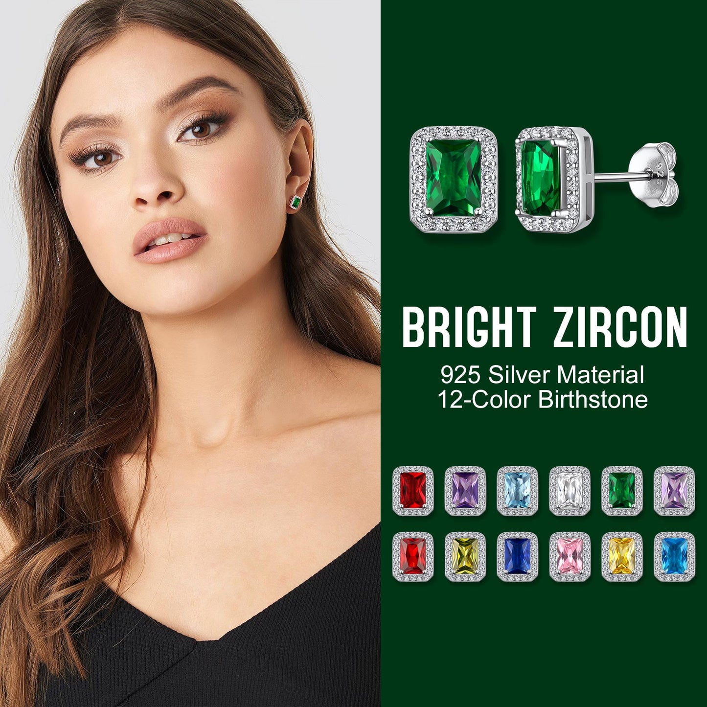 Square Diamond Stud Earrings May Emerald Birthstone Earrings, Sterling Silver Earrings Birthday Jewelry Gift for Women