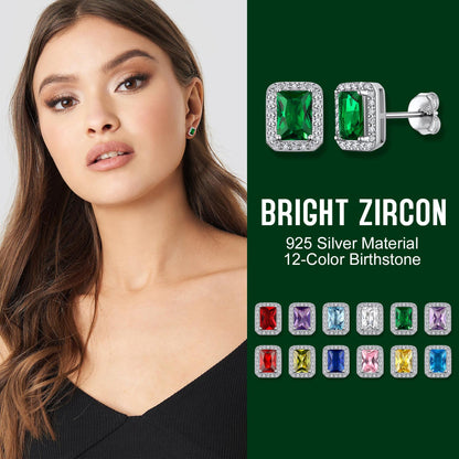 Square Diamond Stud Earrings May Emerald Birthstone Earrings, Sterling Silver Earrings Birthday Jewelry Gift for Women