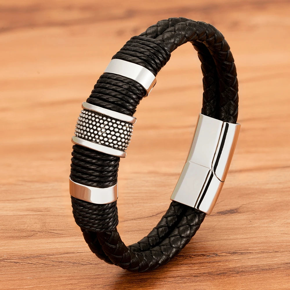 Braided Rope Wrap Leather Bracelets for Men Bangles Fashion Male Women Charm Stainless Steel Clasp Jewelry DIY Customization