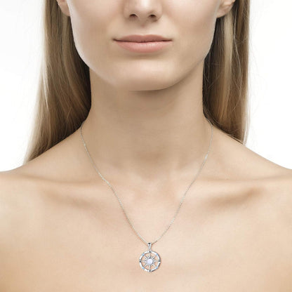 Sterling-Silver Opal Compass Necklace for Women - Inspirational Nautical Dream Compass Pendant，Created Opal Necklaces for Women Mother'S Day and Graduation Jewelry Gifts (Opal and CZ)