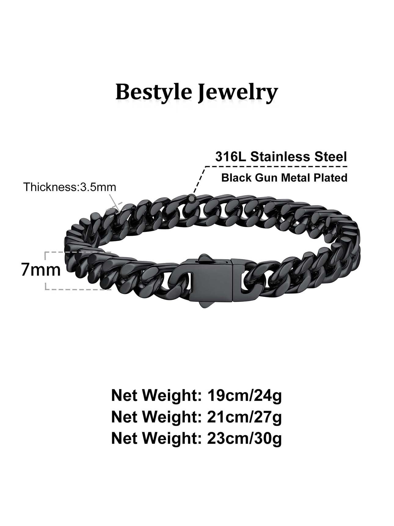 7Mm Stainless Steel Miami Cuban Bracelet Black Metal Filled Man Chain Bracelet, 9.1In Long Hand Curb Chain for Women Cool Statement Fashion Jewelry