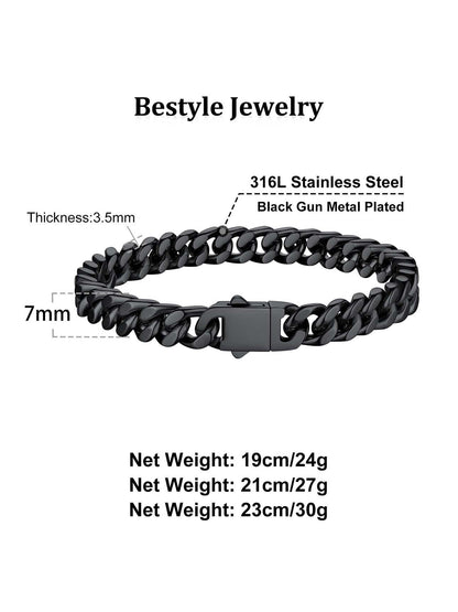 7Mm Stainless Steel Miami Cuban Bracelet Black Metal Filled Man Chain Bracelet, 9.1In Long Hand Curb Chain for Women Cool Statement Fashion Jewelry