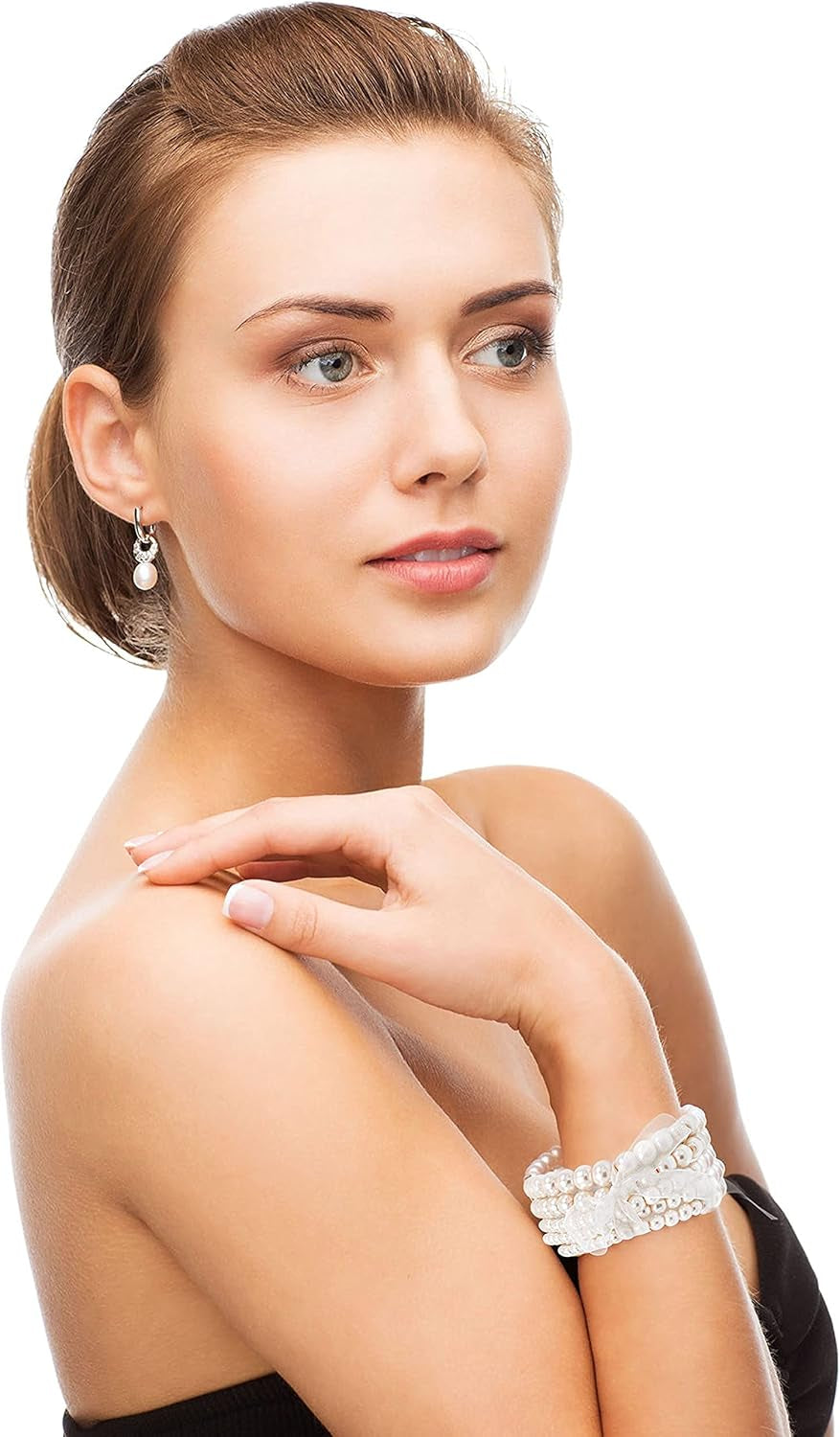 5 Pcs Faux Pearl Bracelet Set for Women Beaded Stretch Strand Bracelets for Bridesmaid,Bridal,Party Jewelry