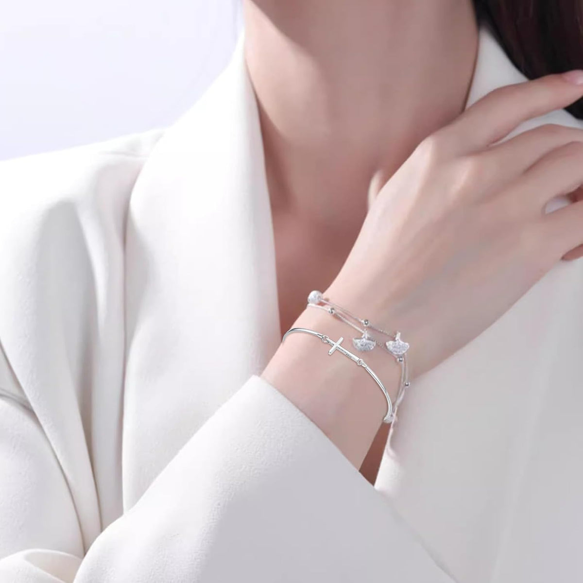 Womens Cross Bangle Bracelet 925 Sterling Silver Infinity Cross Bracelet Fashion Layer Bracelets Christian Religious Bracelet Jewelry Gifts