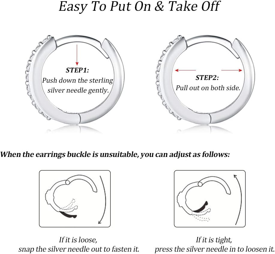 Silver Hoop Earrings for Women, 3 Pairs Small Sterling Silver Huggie Earrings | Tiny Cubic Zirconia Cartilage Cuff Earrings Hoop Piercing Jewellery for Men Teens (8Mm/10Mm/12Mm)