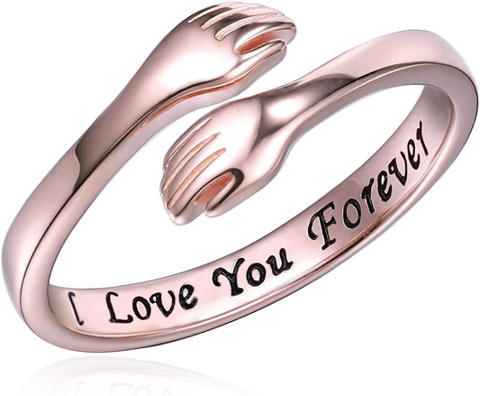 Sterling Silver Adjustable Hug Ring - White Gold/Rose Gold Plated Couple Hugging Band for Women Men'S Wedding - Turquoise Hand Jewelry for Her